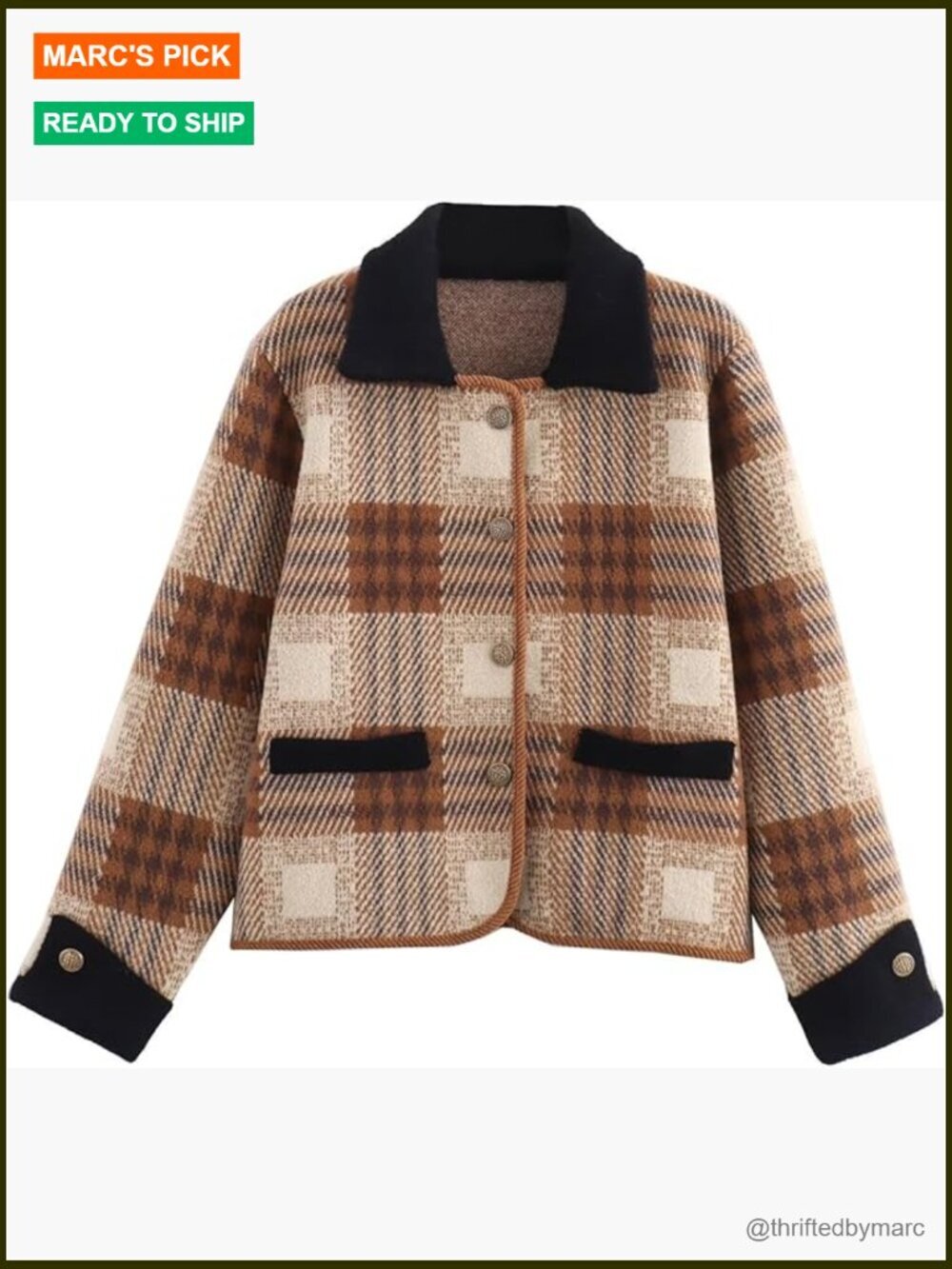 Vintage Plaid Cardigan Sweater Button Down Long Sleeve Knit Coat with Pockets